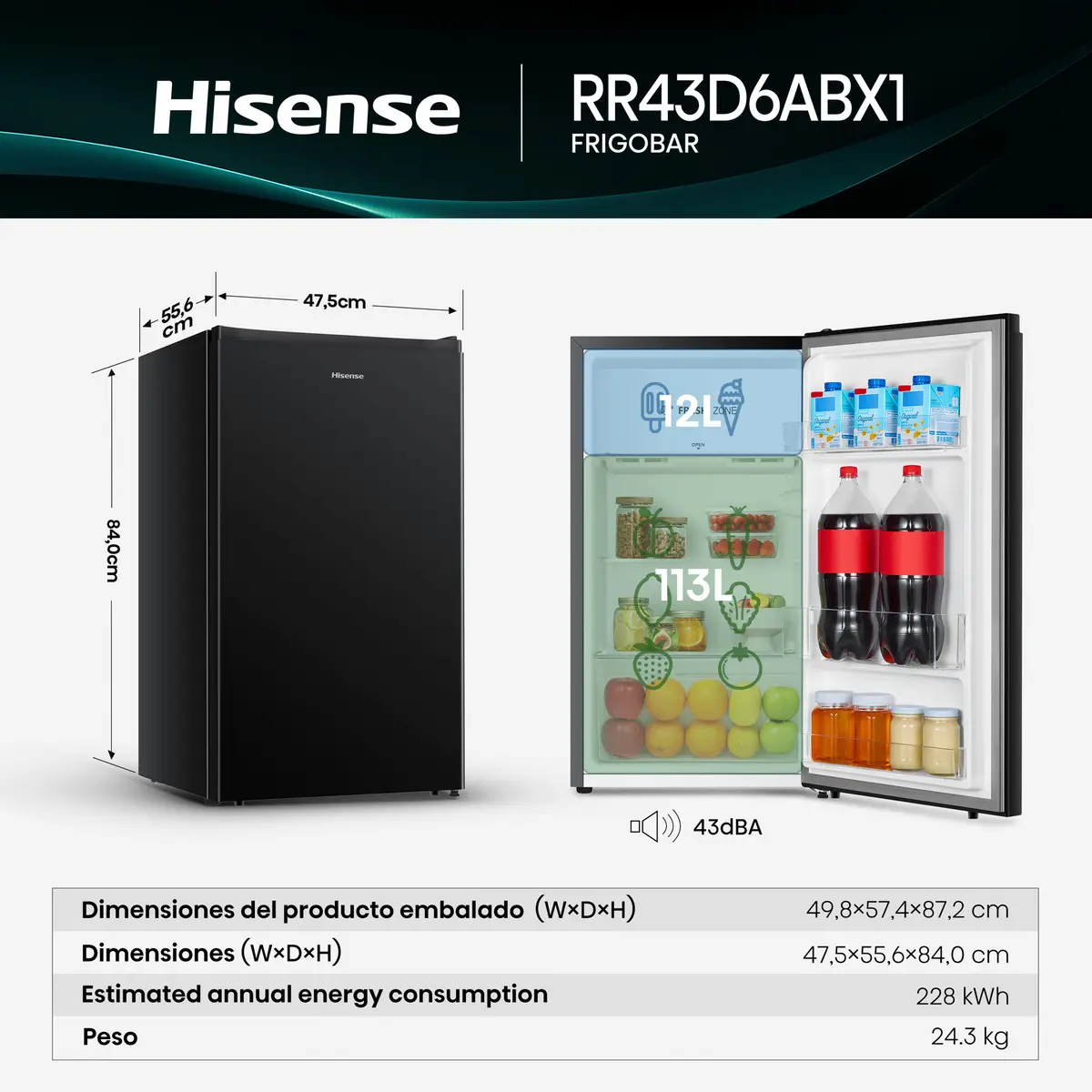Frigobar RR43D6ABX1 Negro con Estantes de Vidrio y Puerta Reversible Hisense - Image 2